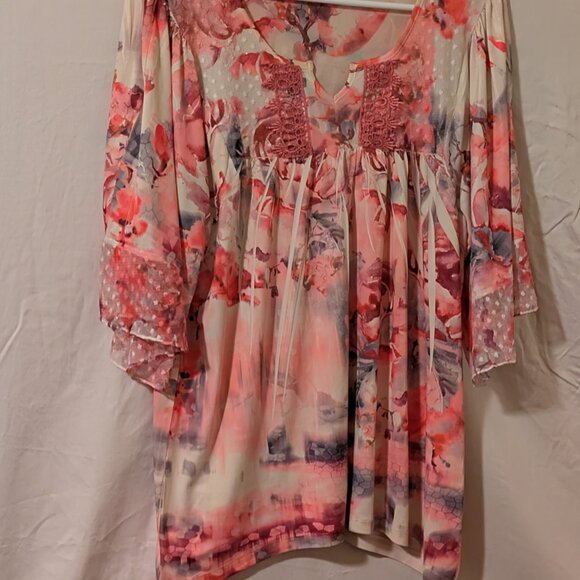 One World Live And Let Live Top pink Size Small Soft Blouse lace flutter sleeves - Picture 2 of 9